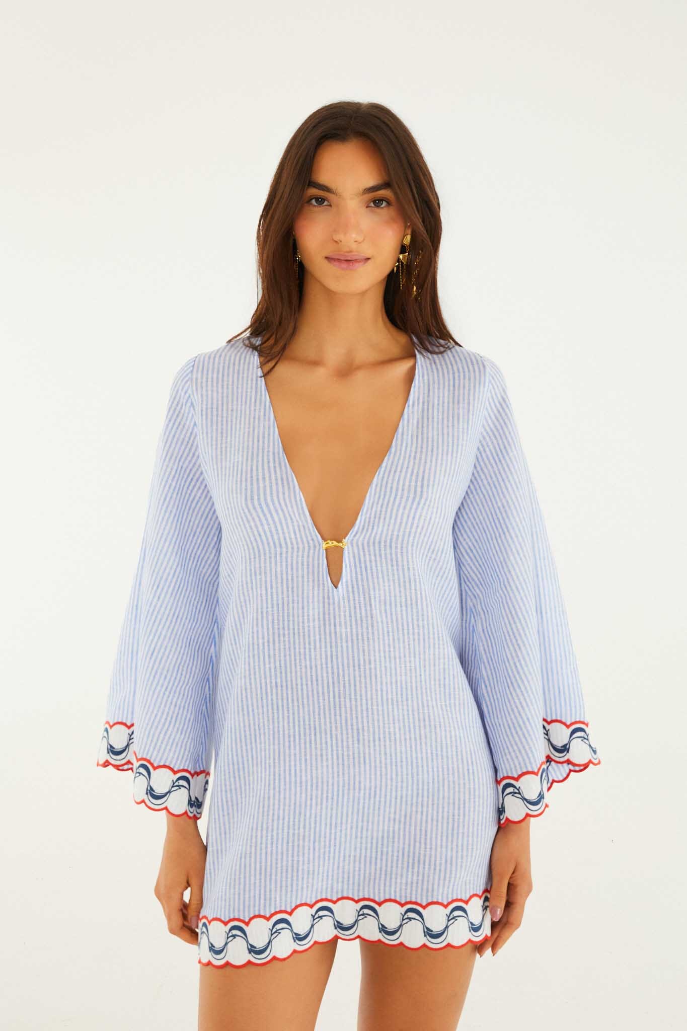 Blue Stripes Embroidered Open Back Mini Dress